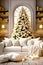 Cozy stylish modern living room with a minimalist interior decorated with a beautiful Christmas tree. Winter holidays interior