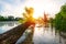 Cozy summer sunset on the banks of the river Tisza, with a beautiful green landscape