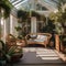 A cozy sunlit conservatory with wicker furniture and botanical decor1