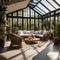 A cozy sunlit conservatory with wicker furniture and botanical decor3