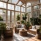 A cozy sunlit conservatory with wicker furniture and potted plants1