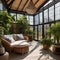 A cozy sunlit conservatory with wicker furniture and potted plants2