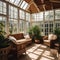 A cozy sunlit conservatory with wicker furniture and potted plants3