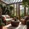 A cozy sunlit conservatory with wicker furniture and potted plants3