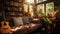 Cozy Sunlit Room with Old Books, House Plants, and Guitar on Sofa