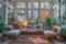 Cozy sunroom with panoramic windows and vibrant houseplants in a Russian home