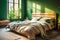 Cozy sustainable bedroom in natural colors with green wall, wooden furniture and stylish interior accessories