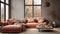 Cozy terra cotta fabric corner sofa near window. Scandinavian interior design of modern living roo