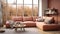 Cozy terra cotta fabric corner sofa near window. Scandinavian interior design of modern living room