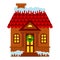 Cozy tiled house with Christmas wreath on porch door New Year`s decor