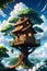 A cozy treehouse nestled among fluffy clouds, window glowing with warm light, tiny swing swaying in the breeze, digital anime art