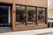 Cozy urban cafe exterior facade with wooden decor accents and large window