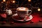 Cozy Valentine\\\'s Coffee Moment: Heart-Shaped Latte Art in Cup with Love Note on Saucer