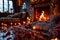 A cozy Valentine\\\'s Day setup, with a warm fireplace, plush pillows.