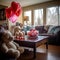 Cozy Valentines Day Living Room with Heart Balloons, Teddy Bear, and Candy Hearts