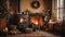 Cozy village kitchen with Christmas decor and a cast iron stove fireplace, new Year\\\'s mood,