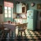 Cozy Vintage Atmosphere: A Kitchen Interior featuring Refrigerator, Counters, and Dining Table. Generative AI