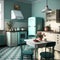 Cozy Vintage Atmosphere: A Kitchen Interior featuring Refrigerator, Counters, and Dining Table. Generative AI