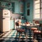 Cozy Vintage Atmosphere: A Kitchen Interior featuring Refrigerator, Counters, and Dining Table. Generative AI