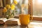 Cozy warm composition with yellow cup of hot coffee or tea and a book on sunny windowsill on spring day. Spring home decor. Easter