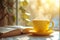 Cozy warm composition with yellow cup of hot coffee or tea and a book on sunny windowsill on spring day. Spring home decor. Easter