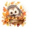 Cozy Watercolor Baby Hedgehog Among Autumn Leaves and Chrysanthemums AI Generated