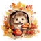 Cozy Watercolor Baby Hedgehog Nestled Amidst Autumn Leaves and Blooming Mushrooms AI Generated