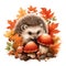 Cozy Watercolor Baby Hedgehog Nestled Amidst Autumn Leaves and Blooming Mushrooms AI Generated