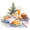 Cozy Watercolor Christmas Morning Breakfast Table Set with Festive Dishes and Decorations AI Generated