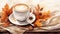 Cozy Watercolor Fall Pumpkin Spice Latte with Scarves and Leaves AI Generated