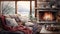 Cozy Watercolor Indoor Fireplace Scene with Hot Cocoa and Knitted Blankets AI Generated