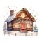 Cozy Watercolor Log Cabin with Twinkling Christmas Decorations in a Snowy Landscape AI Generated