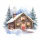 Cozy Watercolor Log Cabin with Twinkling Christmas Decorations in a Snowy Landscape AI Generated