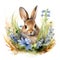 Cozy Watercolor Rabbit Nestled in the Grass Surrounded by Bluebells and Daffodils AI Generated