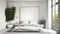 Cozy white and grey room minimal concept, bed with a lot of pillows, white walls and green plants, Generative AI