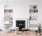 Cozy white living room interior with swings near fireplace, wall mockup