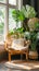 Cozy Wicker Chair with White Cushion in Sunny Room Surrounded by Lush Indoor Plants Biophilic Design
