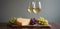 Cozy wine tasting setting two glasses of white wine, cheese, and grapes. A warm and inviting atmosphere for a relaxed