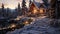 Cozy winter aesthetic with a warm glow, snow-laden pines, and tranquil serenity