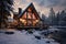 Cozy winter aesthetic with a warm glow, snow-laden pines, and tranquil serenity