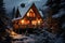 Cozy winter aesthetic with a warm glow, snow-laden pines, and tranquil serenity