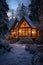 Cozy winter aesthetic with a warm glow, snow-laden pines, and tranquil serenity