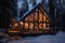 Cozy winter aesthetic with a warm glow, snow-laden pines, and tranquil serenity