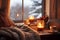 Cozy winter atmosphere with soft blanket, warm beverages and candles