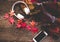 Cozy winter background, smart phone with marshmallow and headphone music,