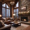 A cozy winter cabin living room with a stone fireplace, plaid accents, and snow-themed decor1