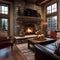 A cozy winter cabin living room with a stone fireplace, plaid accents, and snow-themed decor2