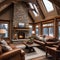 A cozy winter cabin living room with a stone fireplace, plaid accents, and snow-themed decor5