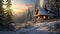 A cozy winter cabin nestled in a snowy forest. Smoke curls from the chimney,