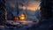 A cozy winter cabin nestled in a snowy forest. Smoke curls from the chimney,